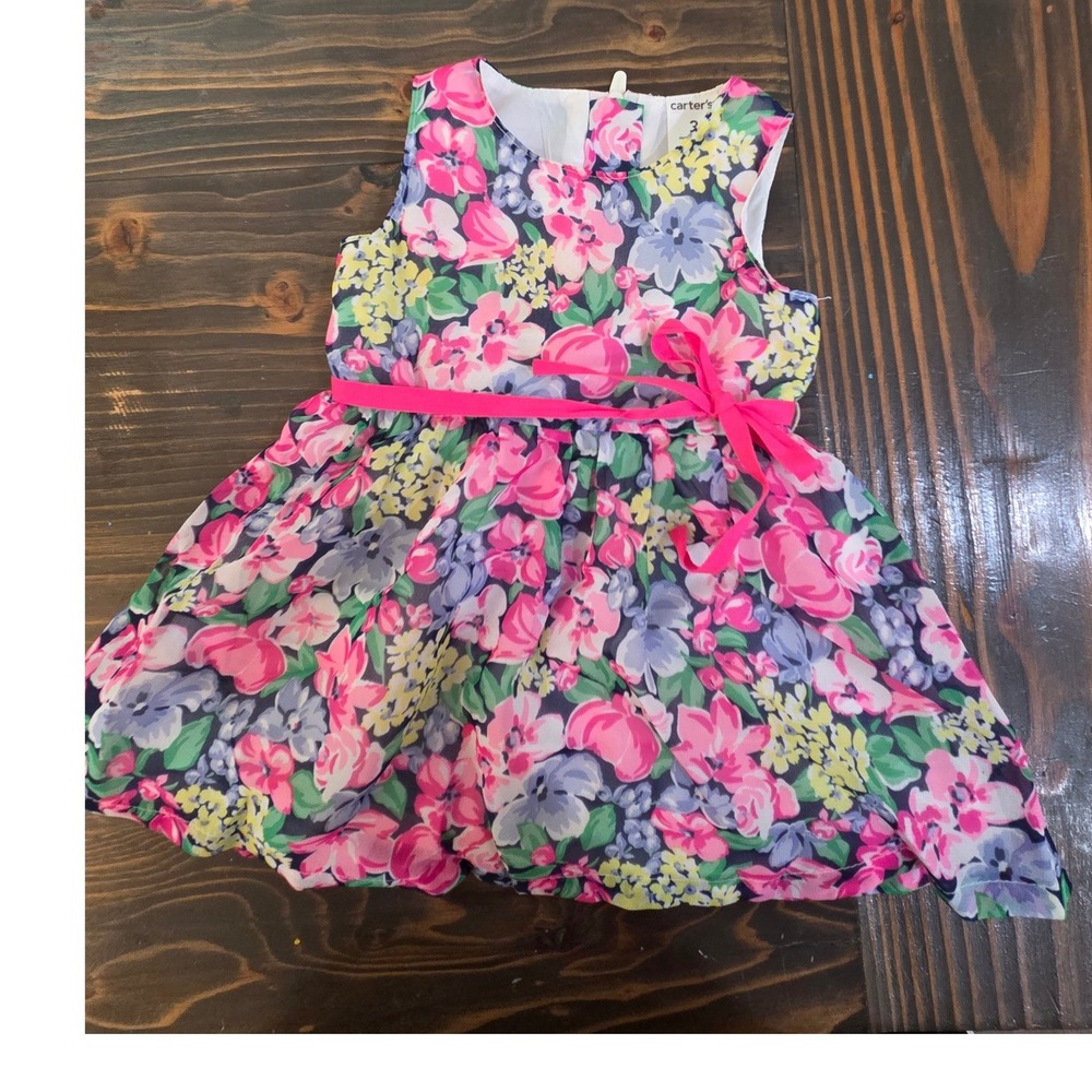 Carters Baby Girls 3 Months Floral Sleeveless Dress Pink Blue Yellow Chiffon